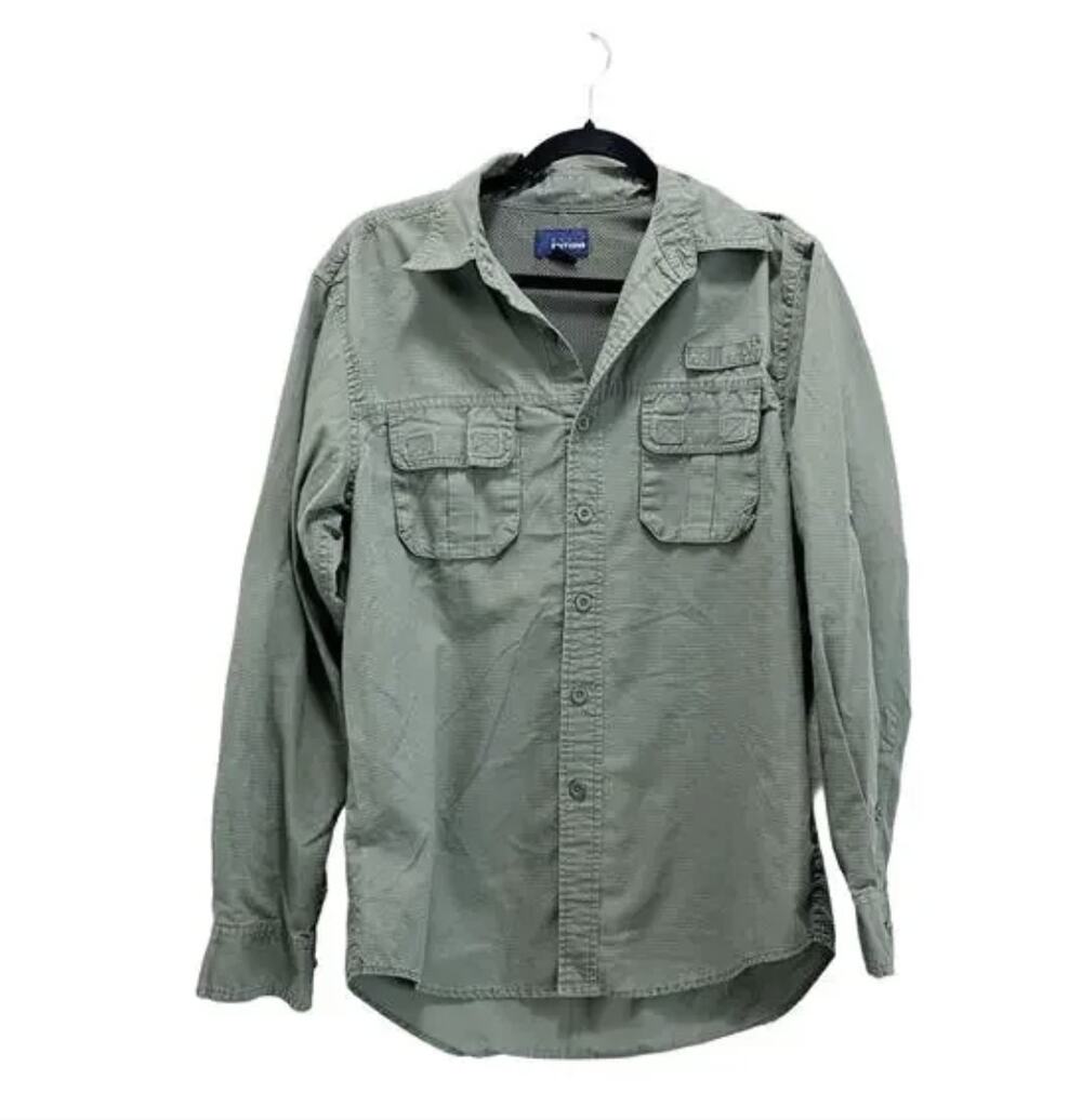 Basic Editions Olive Green Collared Button Up Long Sleeve Shirt Size Small